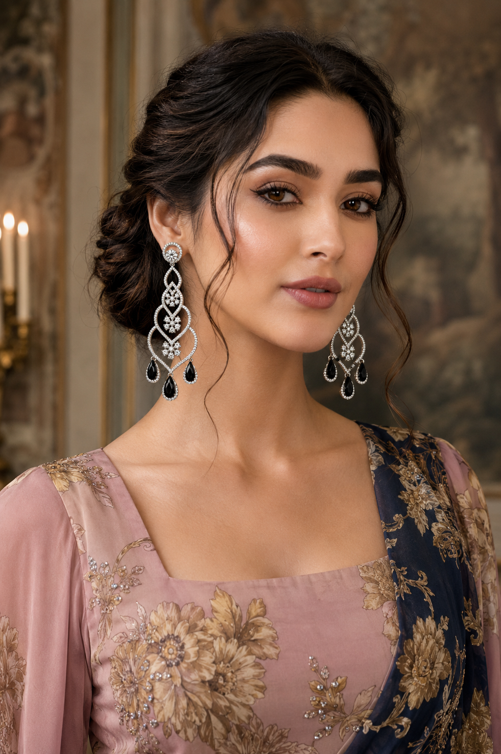 Model wearing Midnight Noir Diamond Chandelier Earrings with saree - front view