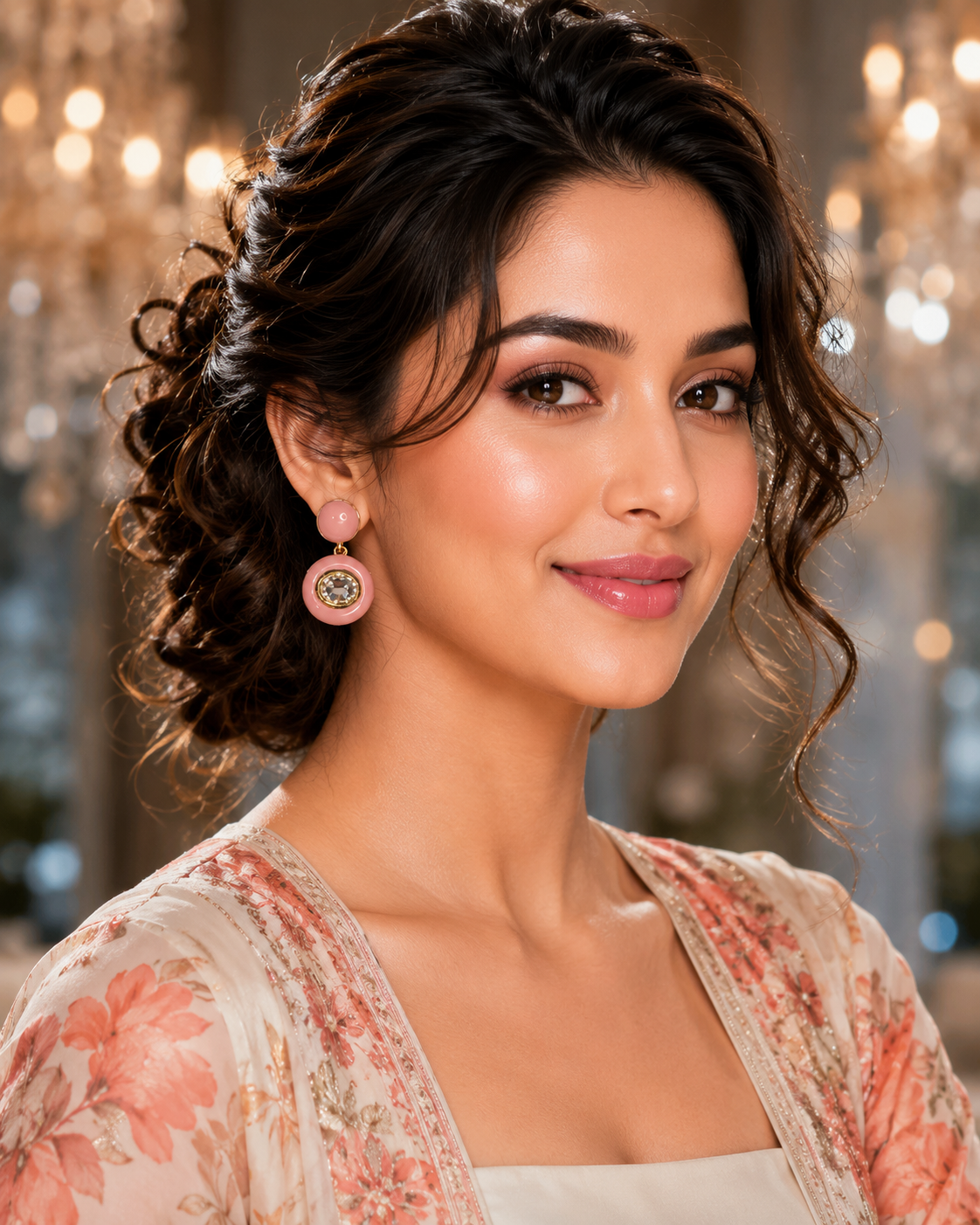 Model wearing Blush Pink Enamel Crystal Drop Earrings with peach floral outfit - front view