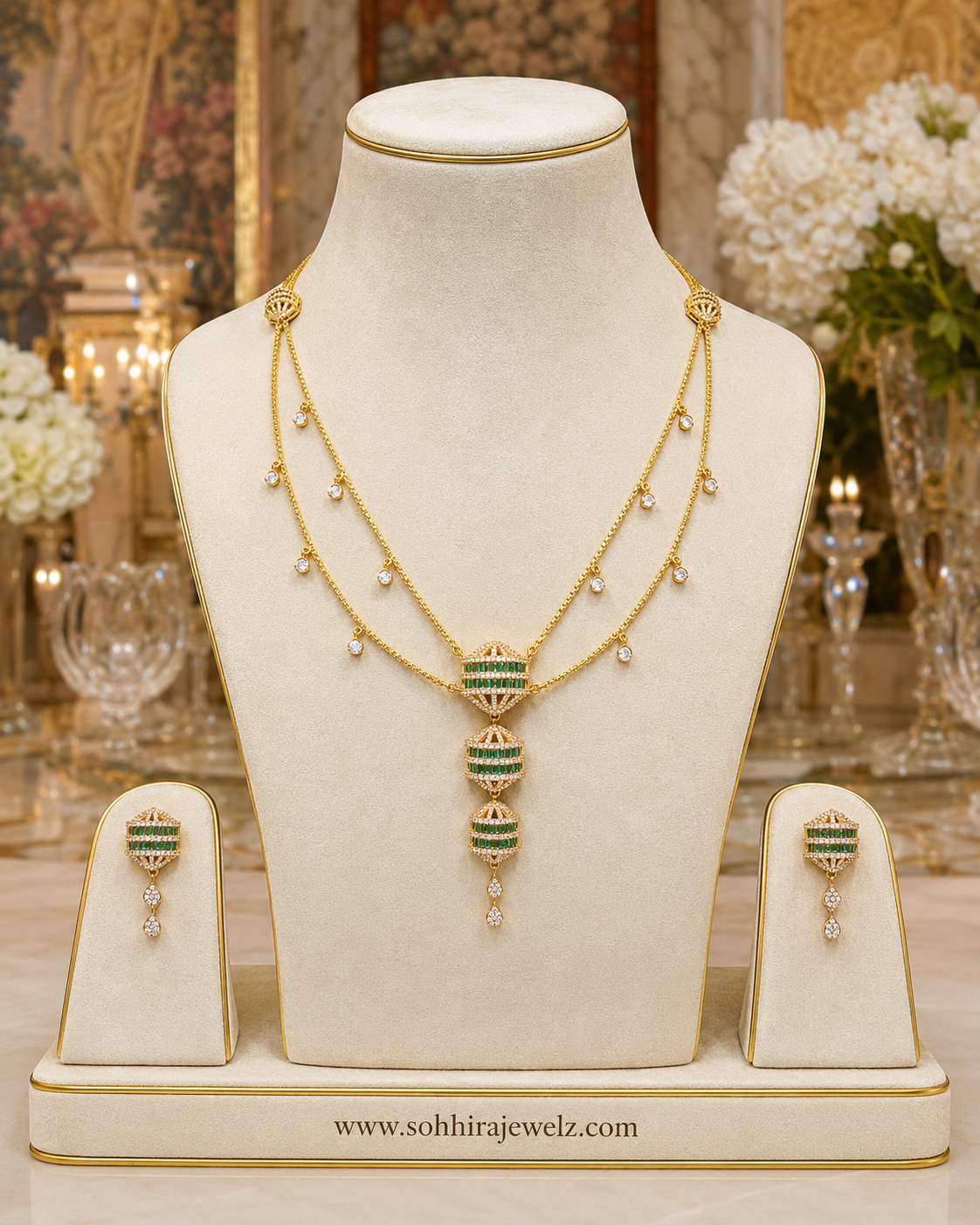 Emerald Lantern Diamond Necklace Set on luxury cream gold display stand