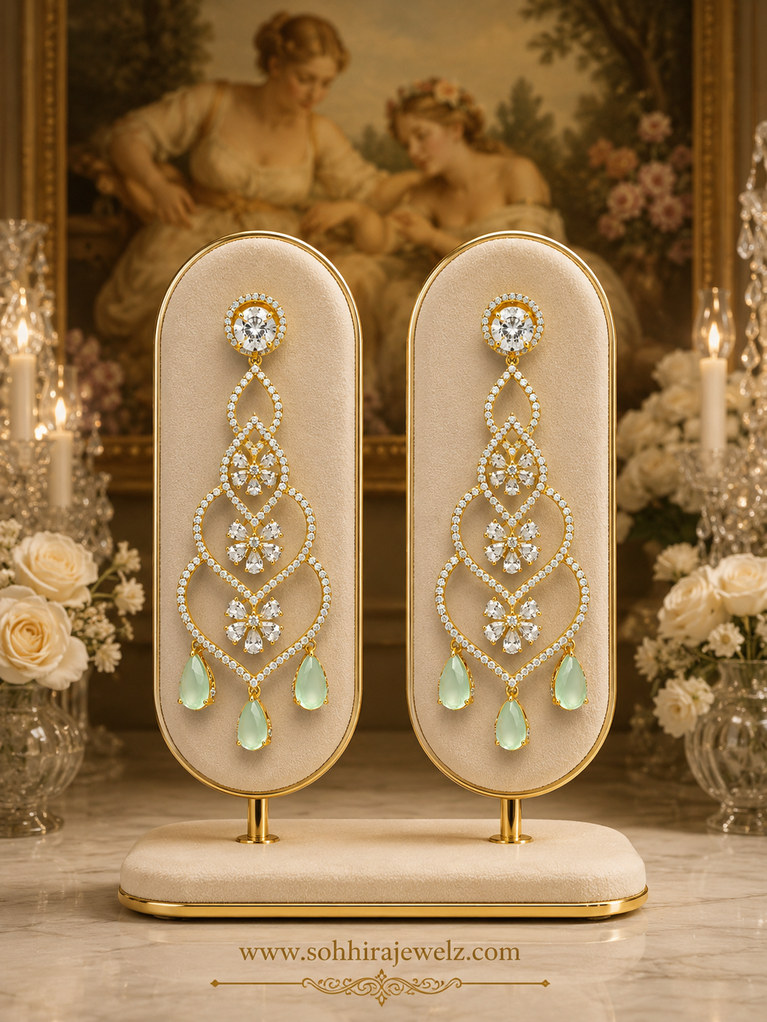 Mint Blossom Diamond Chandelier Earrings on luxury velvet display stand
