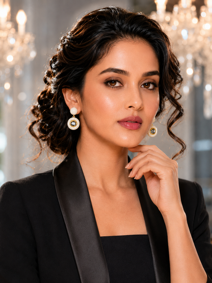 Model wearing Pearl White Enamel Smoke Crystal Drop Earrings with black tuxedo blazer - front view chandelier