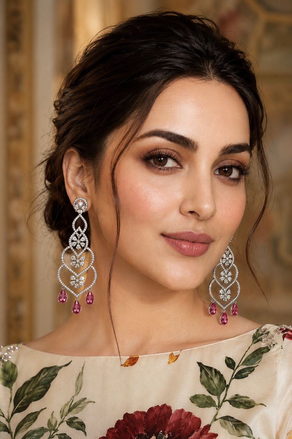 Crimson Cascade Diamond Chandelier Earrings on display stand