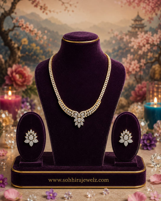 Model wearing Cascade Diamond Y-Drop Necklace Set with purple gown - front view