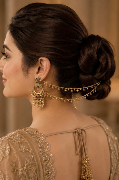 Pearl Chandbali Hair Chain Earrings