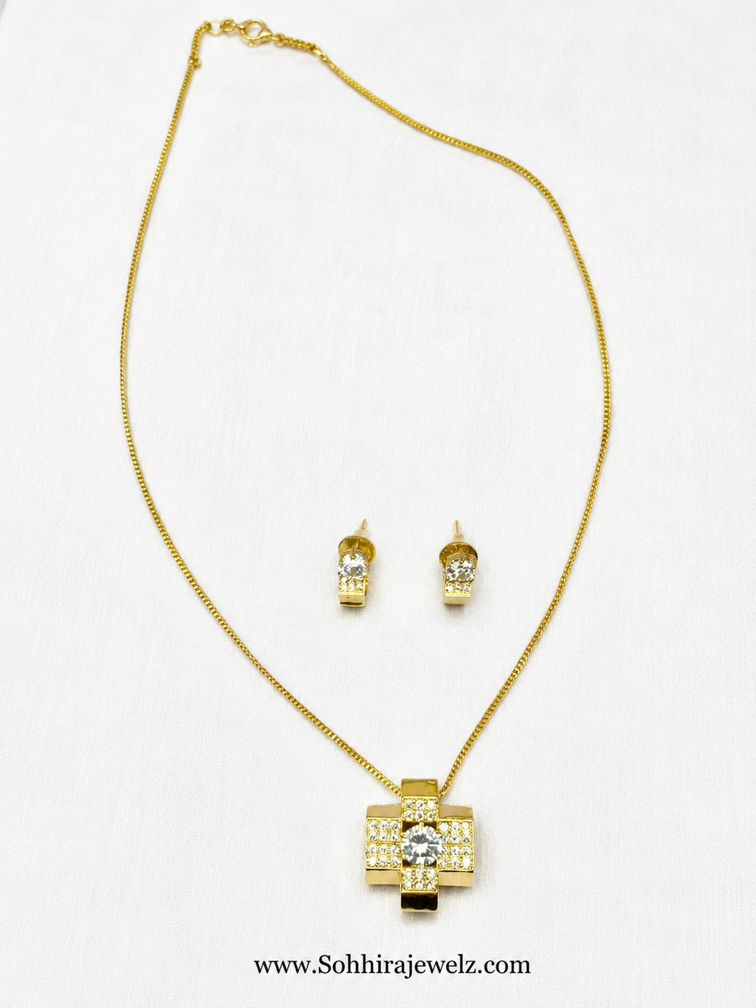 Gold Cross Zirconia Pendant & Earring Set