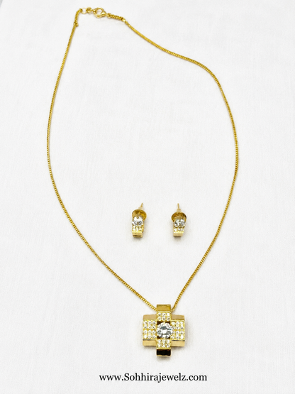 Gold Cross Zirconia Pendant & Earring Set
