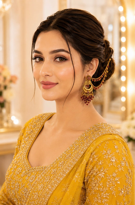 Ruby Chandbali Hair Chain Earrings
