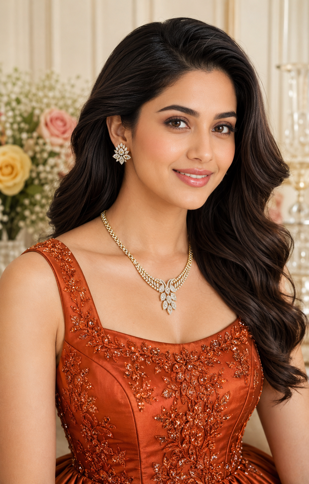 Model wearing Cascade Diamond Y-Drop Necklace Set with purple gown - close up