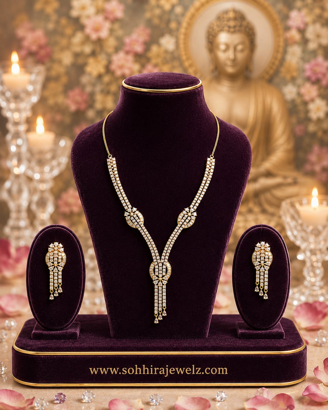 Model wearing Cascade Diamond Y-Drop Necklace Set with purple gown - close up front view