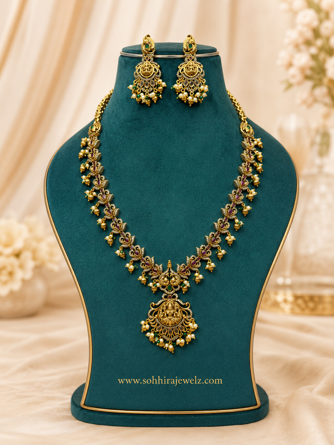 Lakshmi Temple Lotus Long Necklace Set