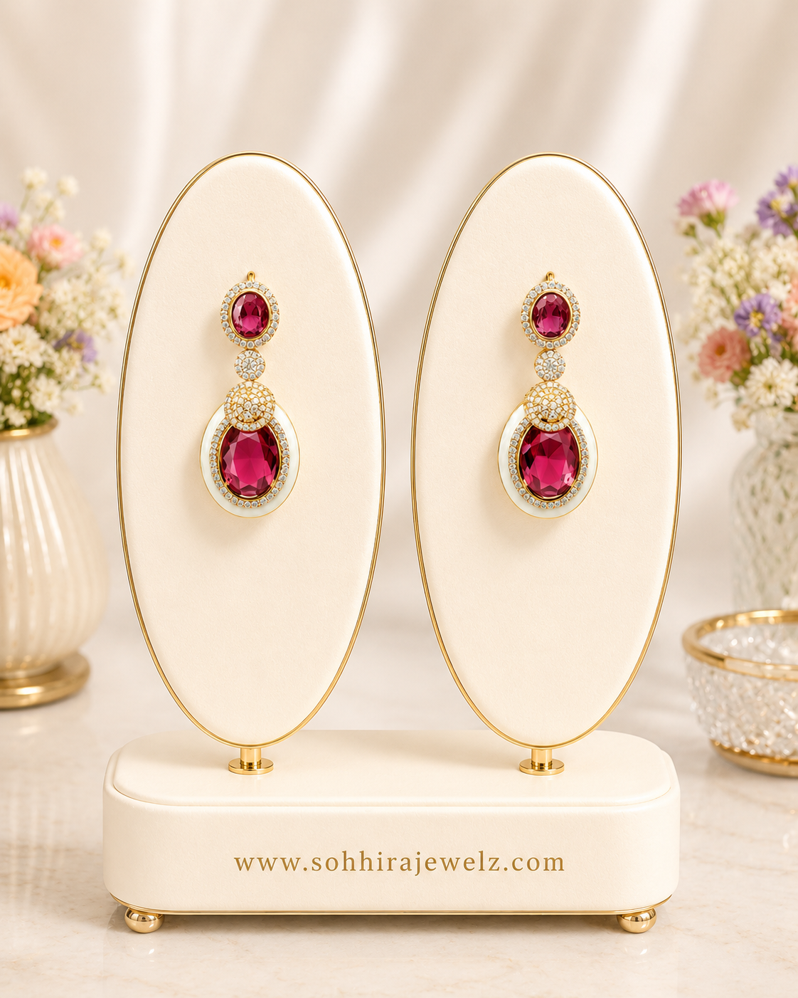 Ruby Oval Gold Drop Earrings