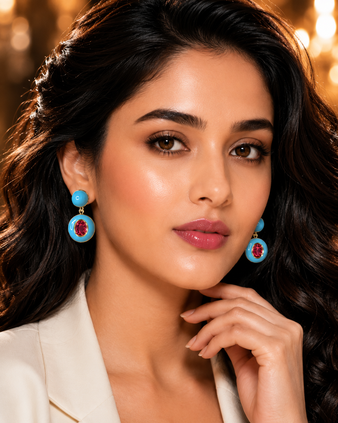 Turquoise Enamel Ruby Drop Earrings on luxury cream gold oval display stands in chandelier room