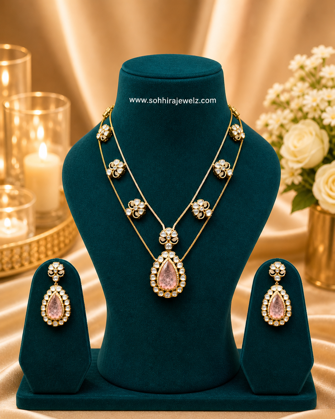 Rose Quartz Kundan Double Layer Necklace.