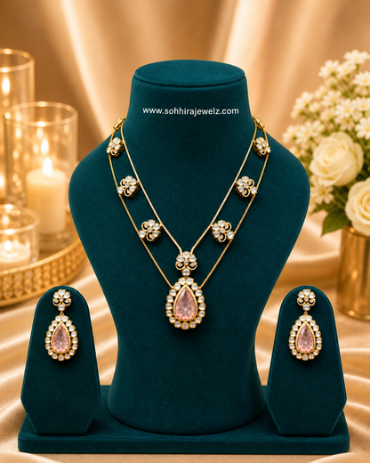 Rose Quartz Kundan Double Layer Necklace.