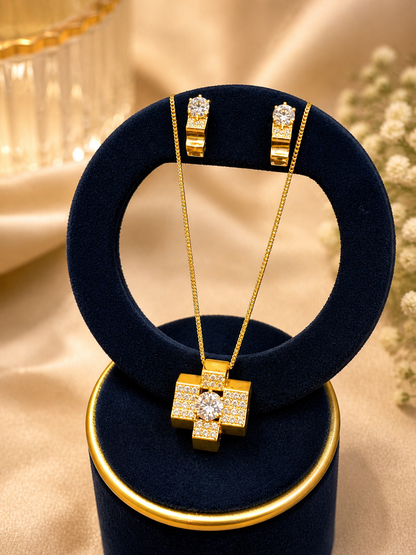 Gold Cross Zirconia Pendant & Earring Set