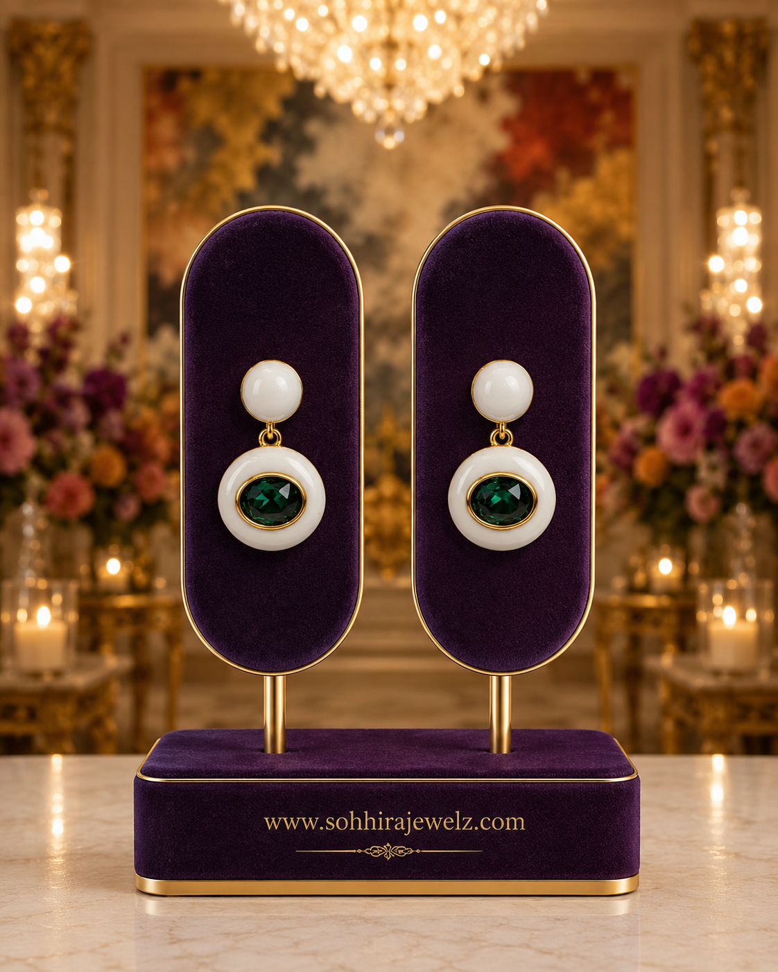 Pearl White Enamel Emerald Drop Earrings on royal purple velvet oval display stands with chandelier and floral backdrop