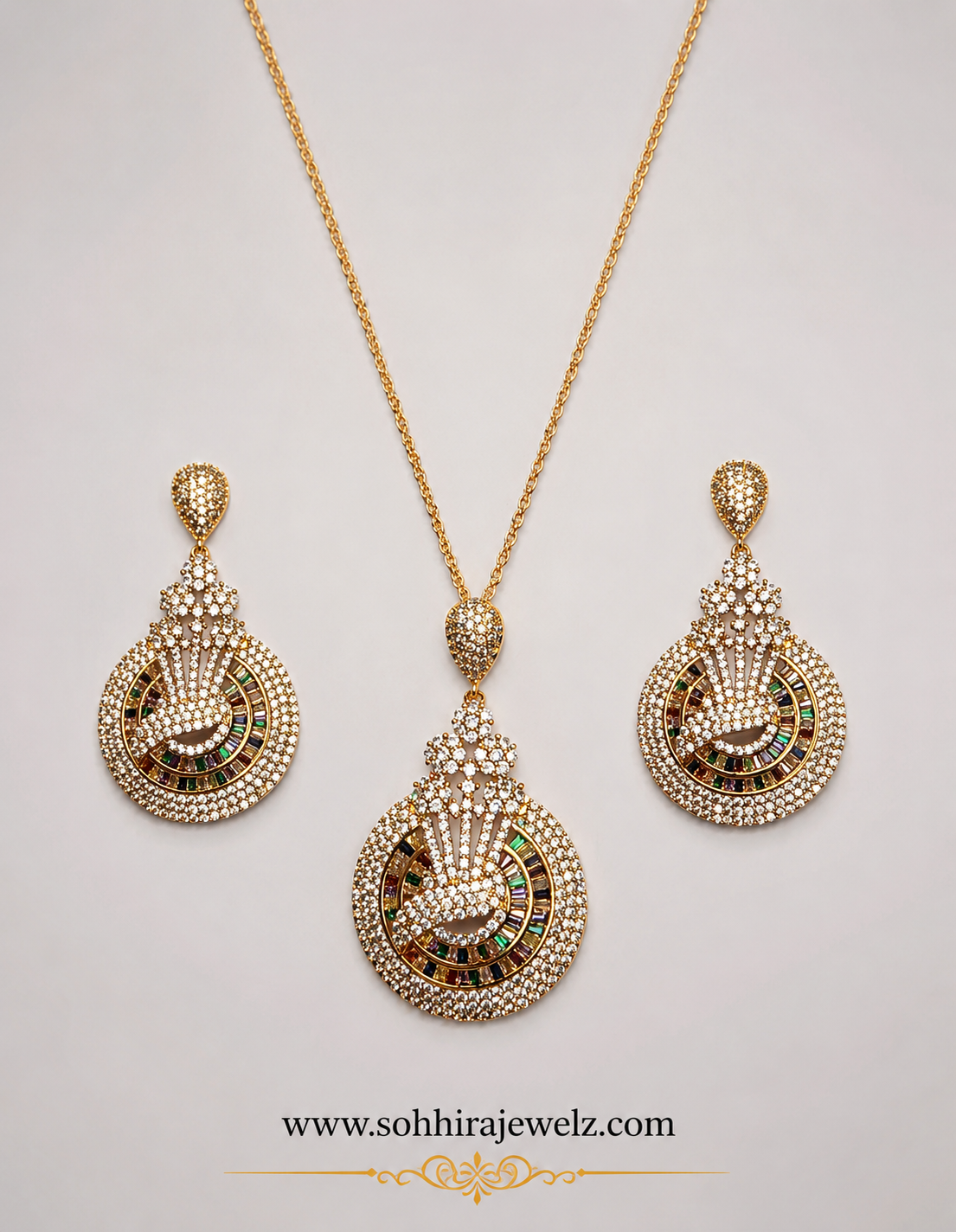 Peacock Splendour Diamond Pendant Necklace Set product flat lay on white background