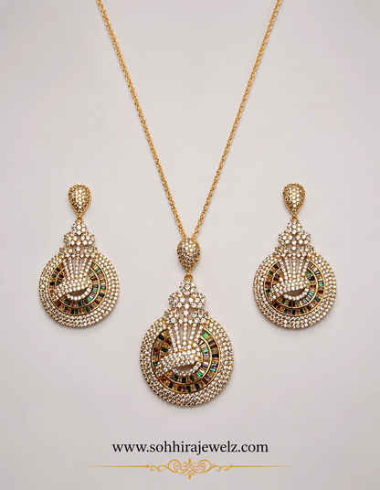 Peacock Splendour Diamond Pendant Necklace Set product flat lay on white background