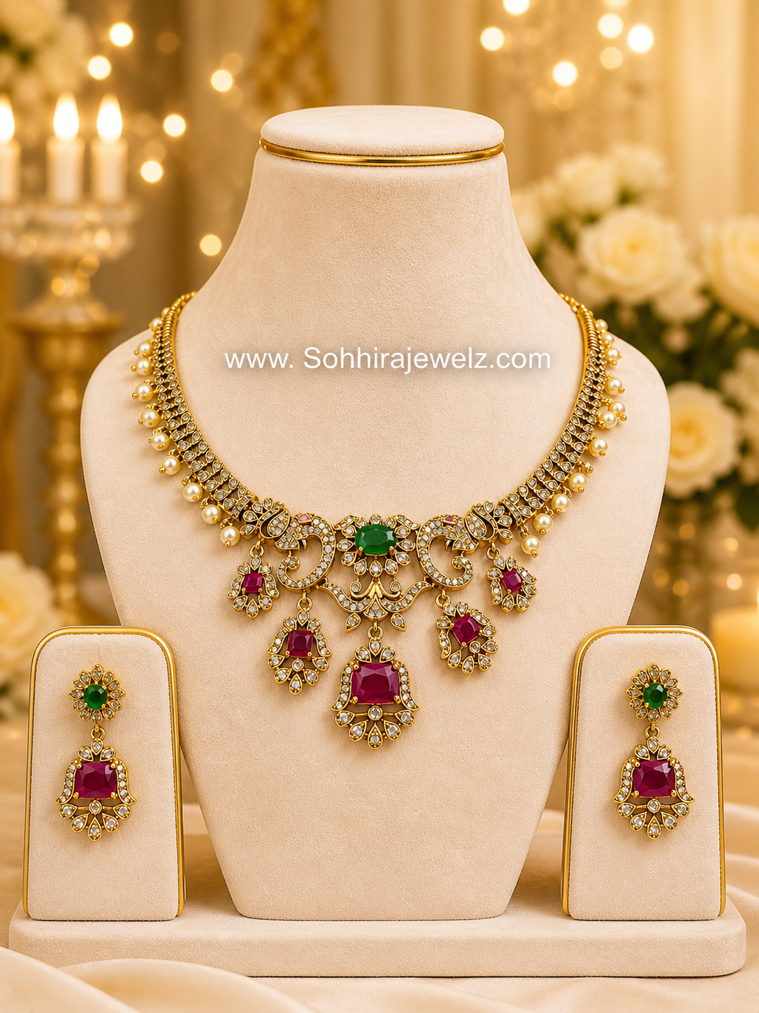 Meera Emerald Ruby Pearl Necklace