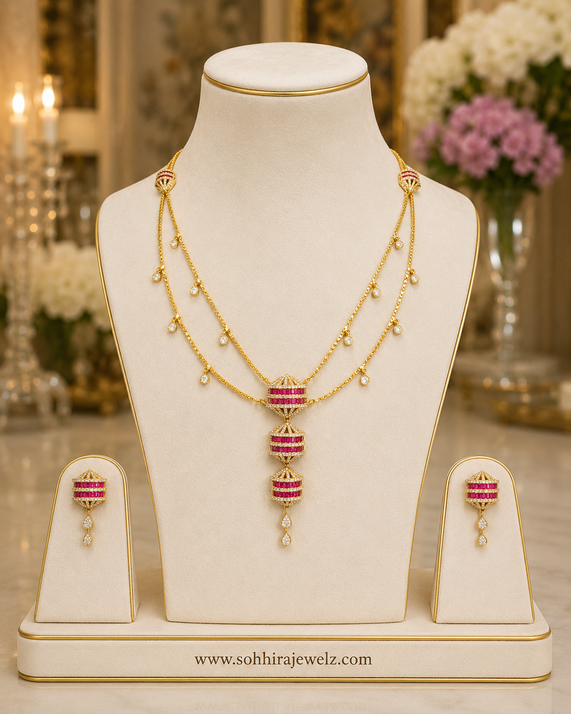 Ruby Lantern Diamond Necklace Set on luxury cream velvet bust display with earrings