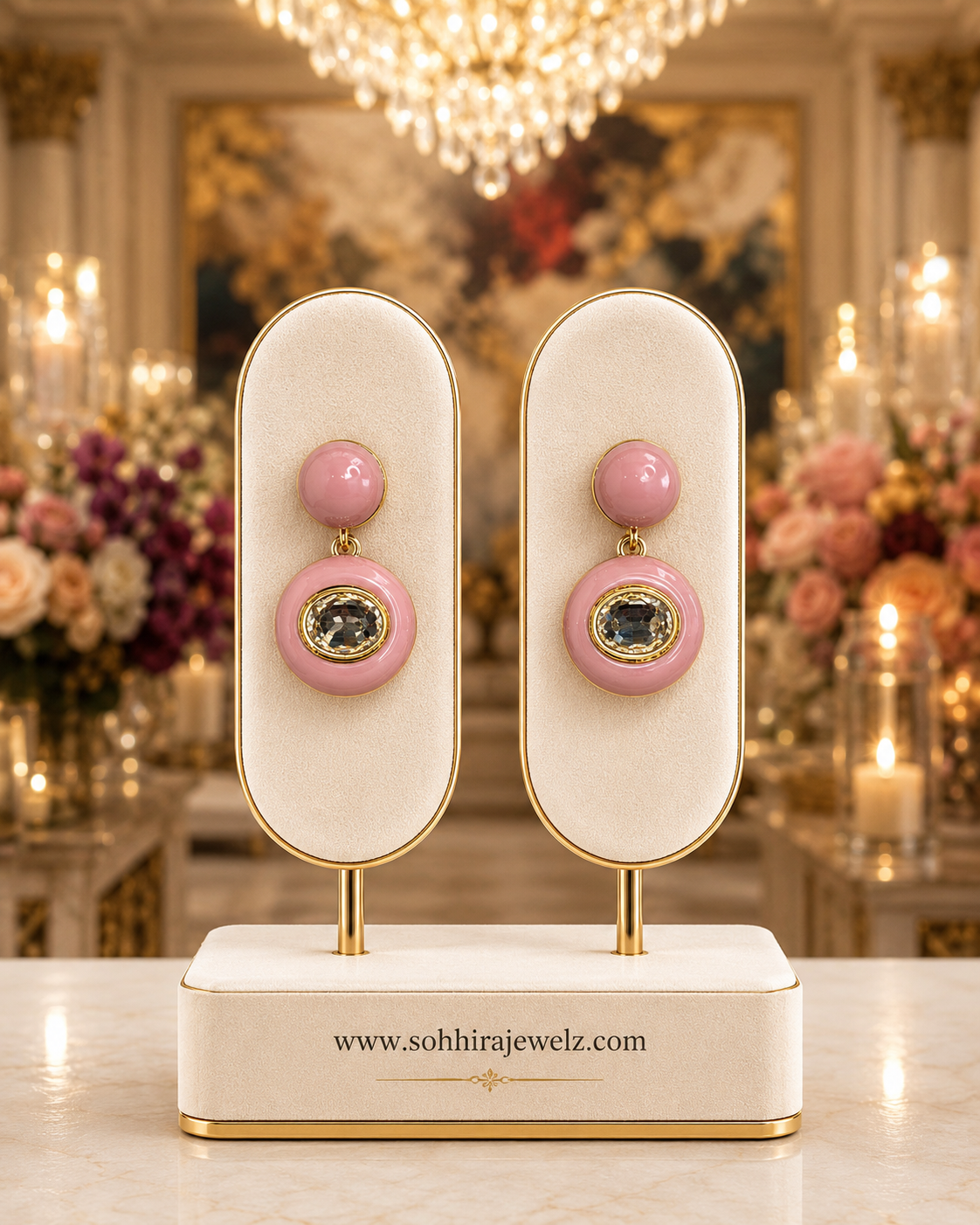 Blush Pink Enamel Crystal Drop Earrings on luxury cream oval display stands in chandelier room