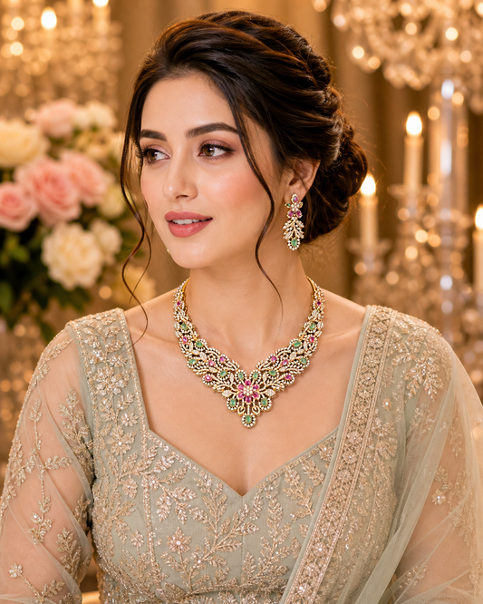 Floral Multicolour Diamond Necklace and Earring