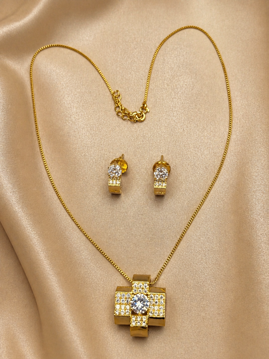 Gold Cross Zirconia Pendant & Earring Set