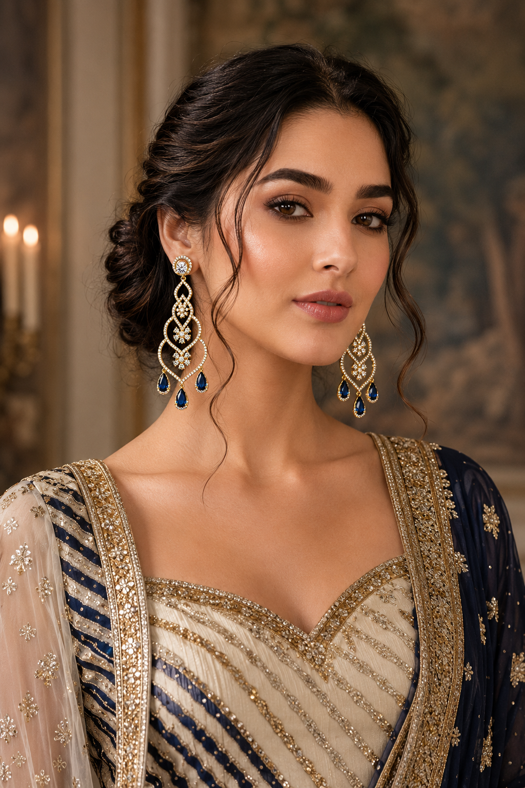 Royal Sapphire Diamond Chandelier Earrings product flat lay