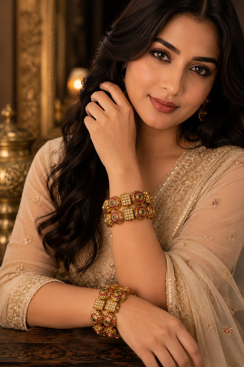 Ruby Emerald Antique Gold Bangle Set