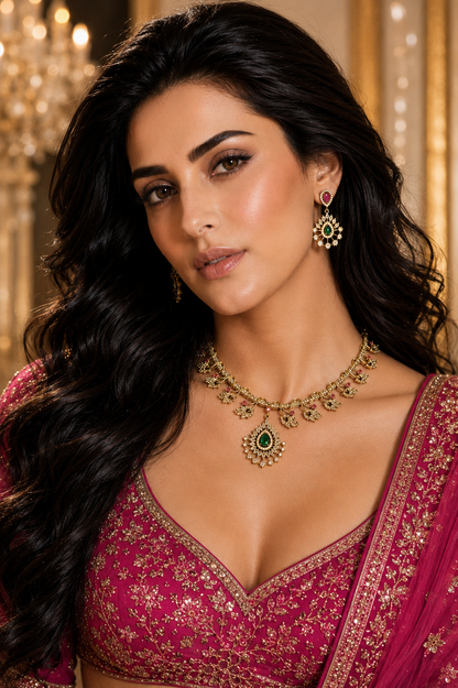 Emerald Ruby Gold Leaf Necklace