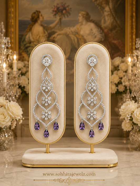 Violet Reverie Diamond Chandelier Earrings product flat lay on white background
