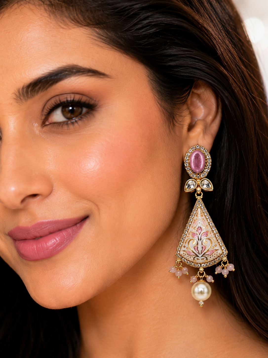 Model wearing Gulbahar Meenakari Pearl Drop Earrings - close up side view