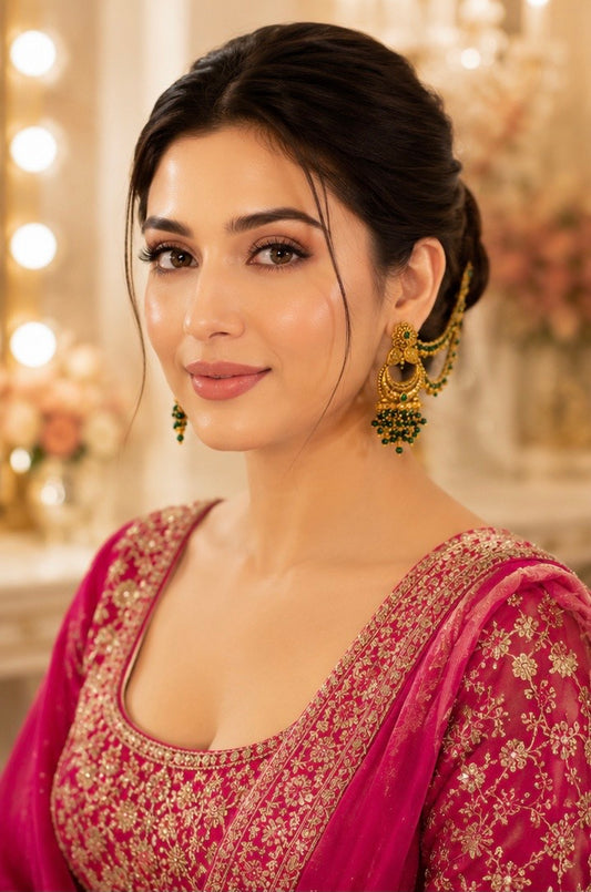 Emerald Chandbali Hair Chain Earrings