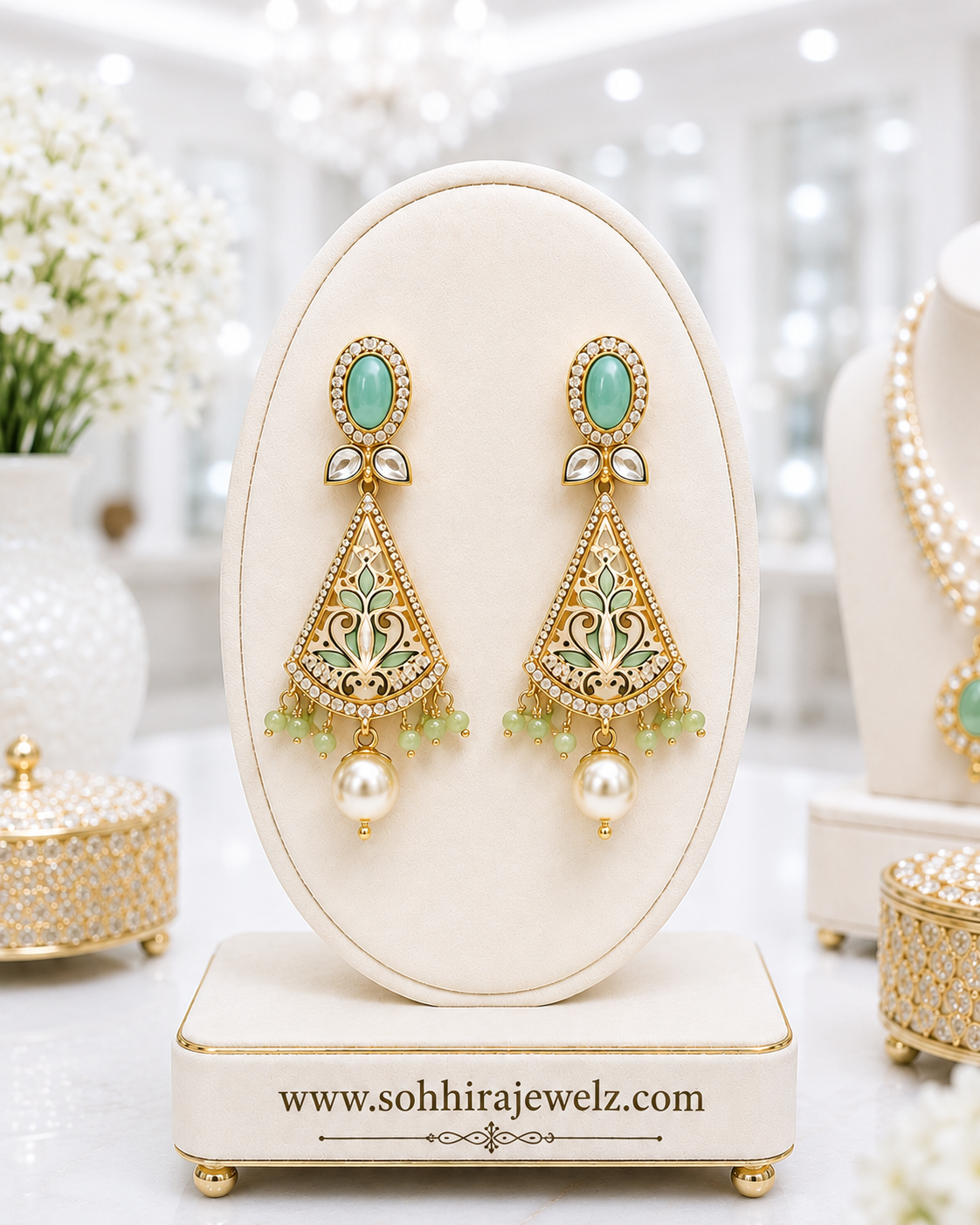 Noorjahan Turquoise Meenakari Pearl Drop Earrings on luxury cream oval display stand