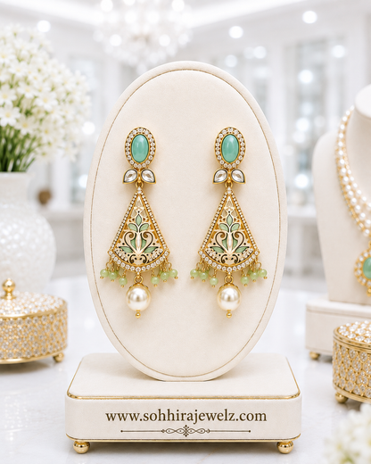 Noorjahan Turquoise Meenakari Pearl Drop Earrings on luxury cream oval display stand