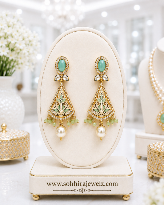 Noorjahan Turquoise Meenakari Pearl Drop Earrings on luxury cream oval display stand