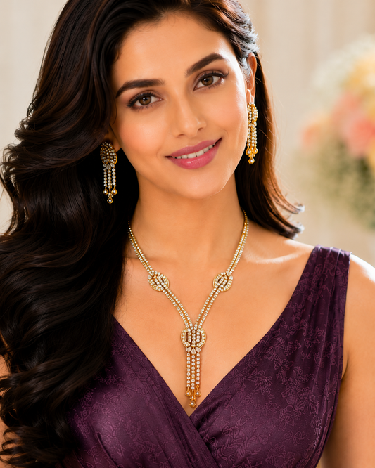 Cascade Diamond Y-Drop Necklace Set on luxury purple velvet display stand with earrings