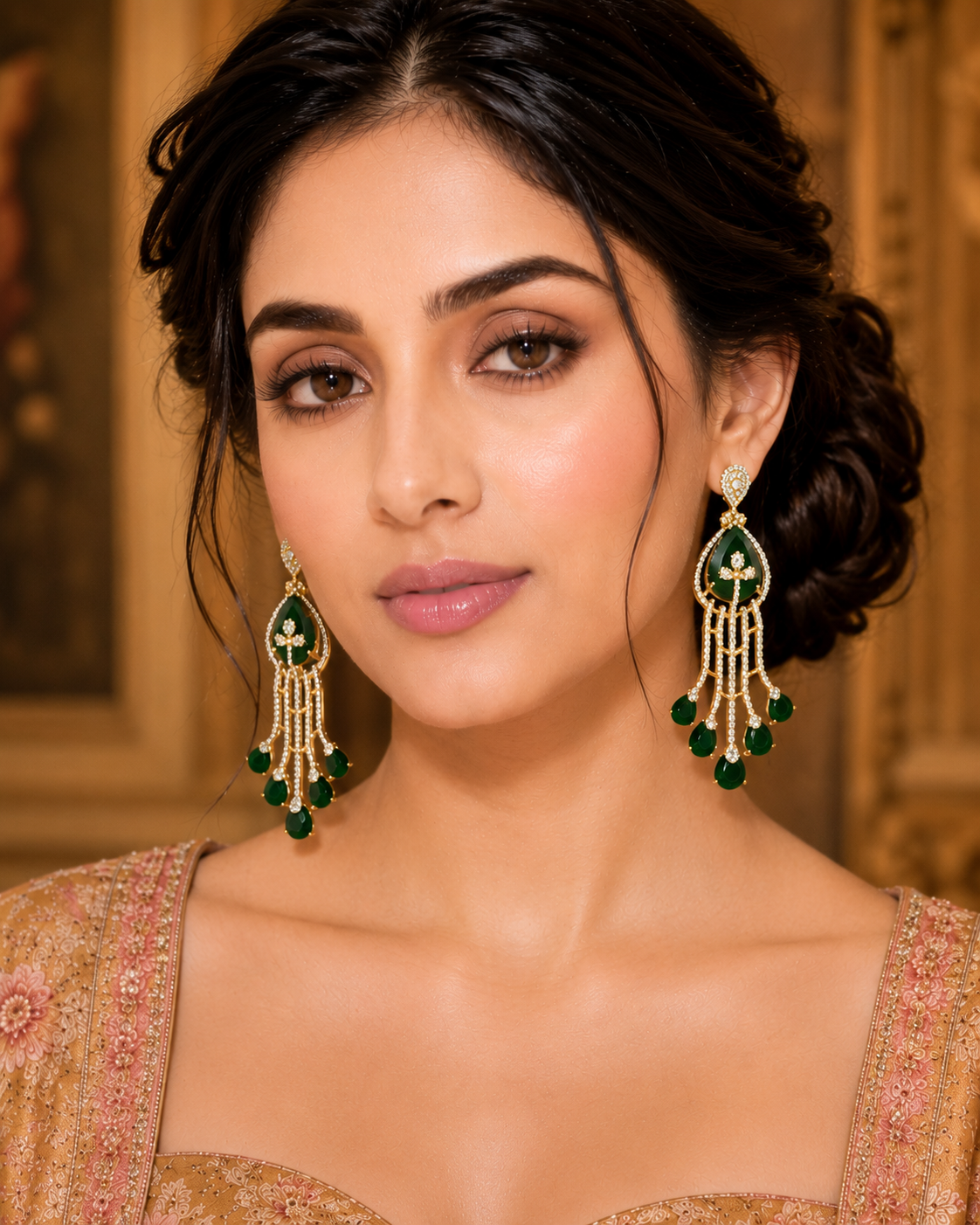 Model wearing Emerald Cascade Diamond Chandelier Earrings with peach lehenga - side profile view