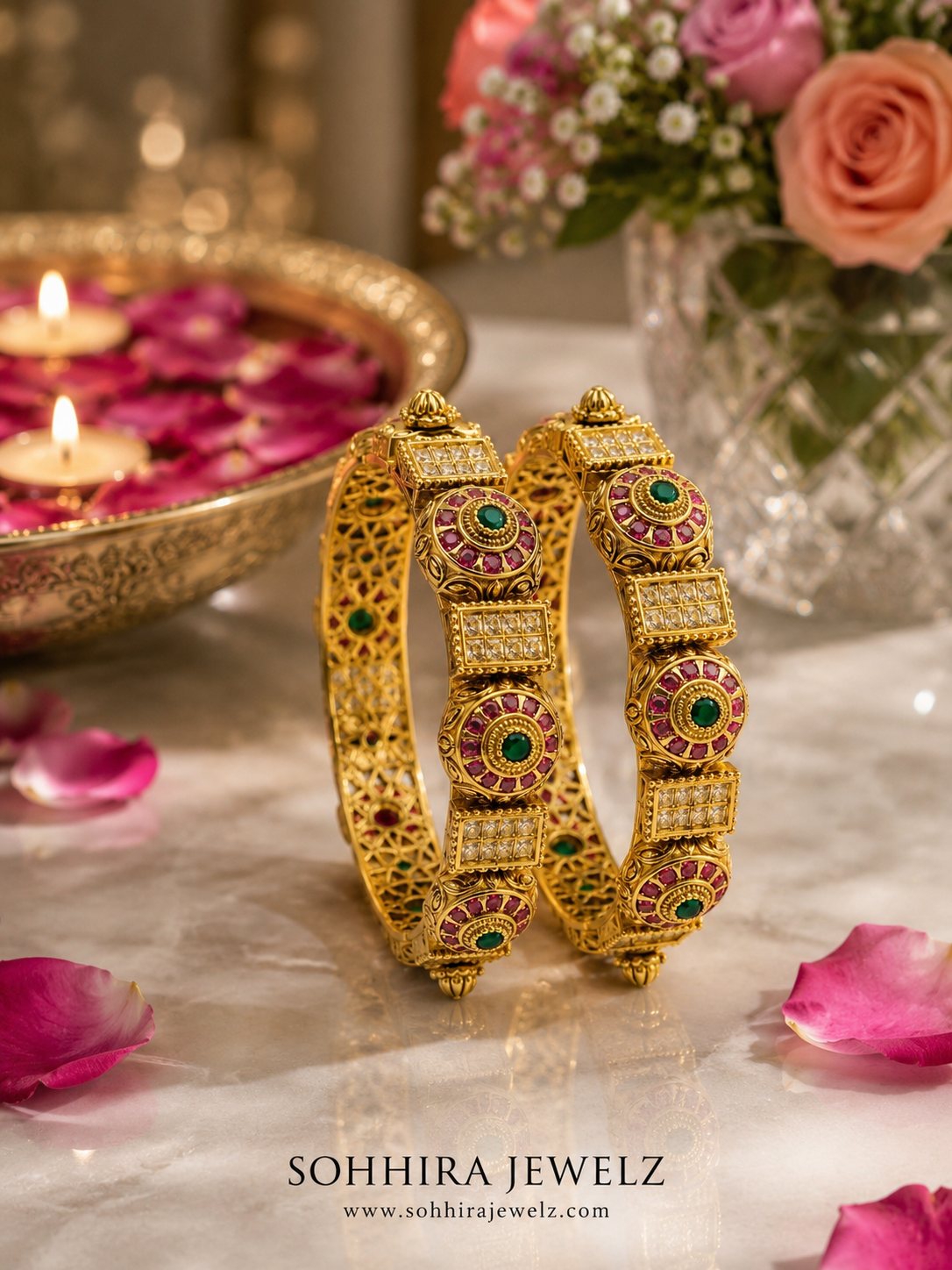 Ruby Emerald Antique Gold Bangle Set
