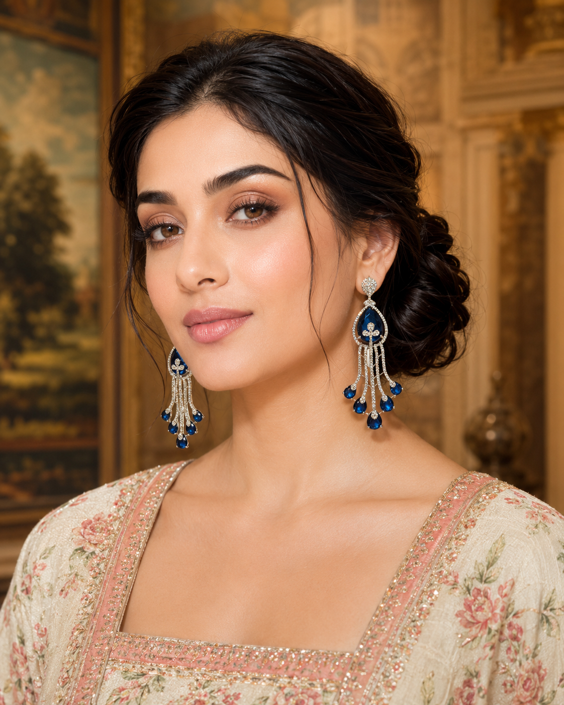 Model wearing Sapphire Cascade Diamond Chandelier Earrings with blush floral lehenga - close up front view