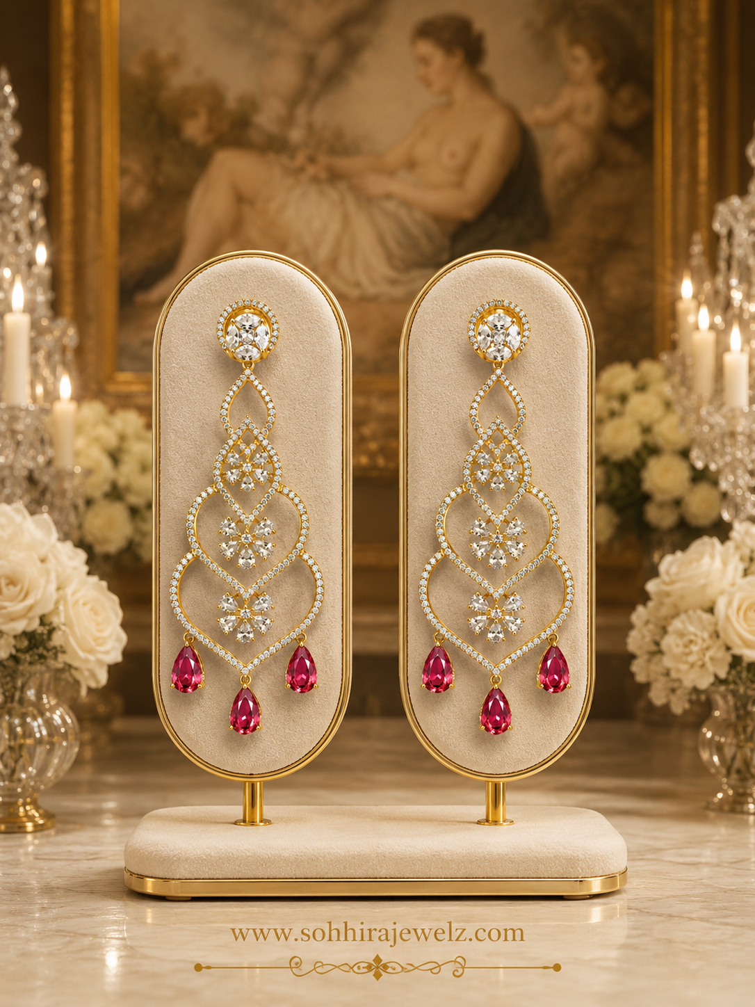 Model wearing Crimson Cascade Diamond Chandelier Earrings - side view