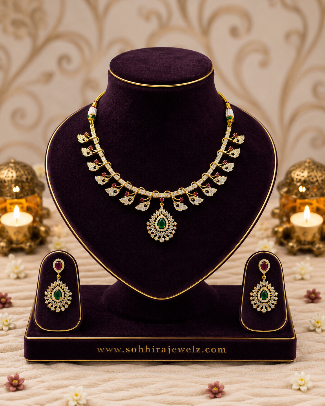 Emerald Ruby Gold Leaf Necklace
