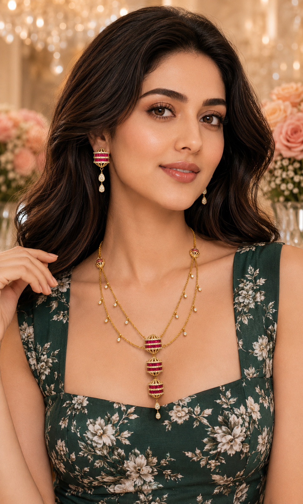 Model wearing Ruby Lantern Diamond Necklace Set with deep green floral outfit - front view