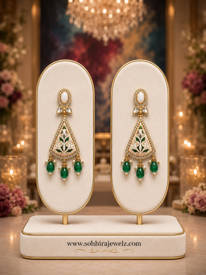 Shehnai Meenakari Emerald Drop Earrings on luxury white gold display stands
