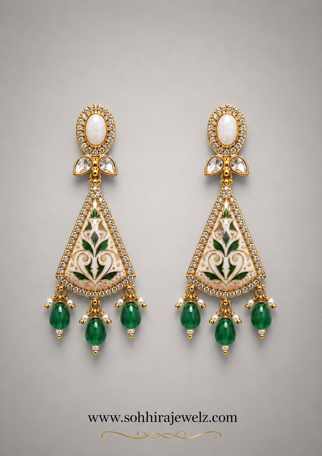 Shehnai Meenakari Emerald Drop Earrings product closeup on grey background