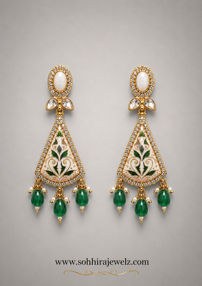Shehnai Meenakari Emerald Drop Earrings product closeup on grey background