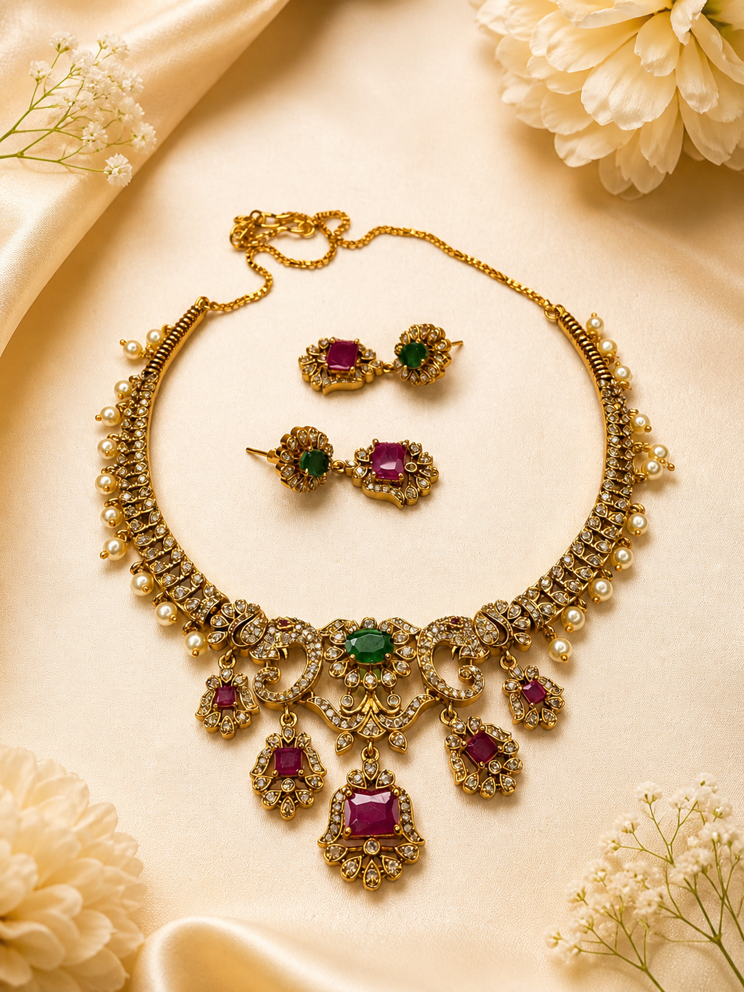 Meera Emerald Ruby Pearl Necklace