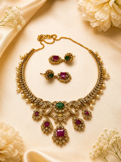 Meera Emerald Ruby Pearl Necklace