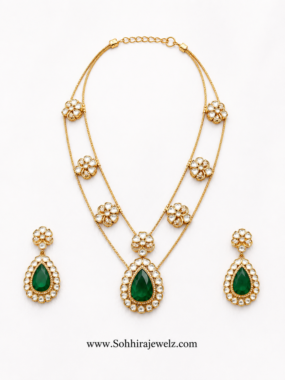Emerald Kundan Double Layer Necklace & Earring Set