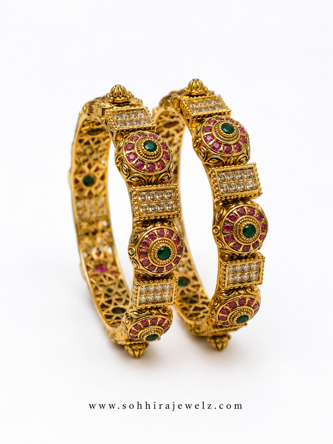 Ruby Emerald Antique Gold Bangle Set